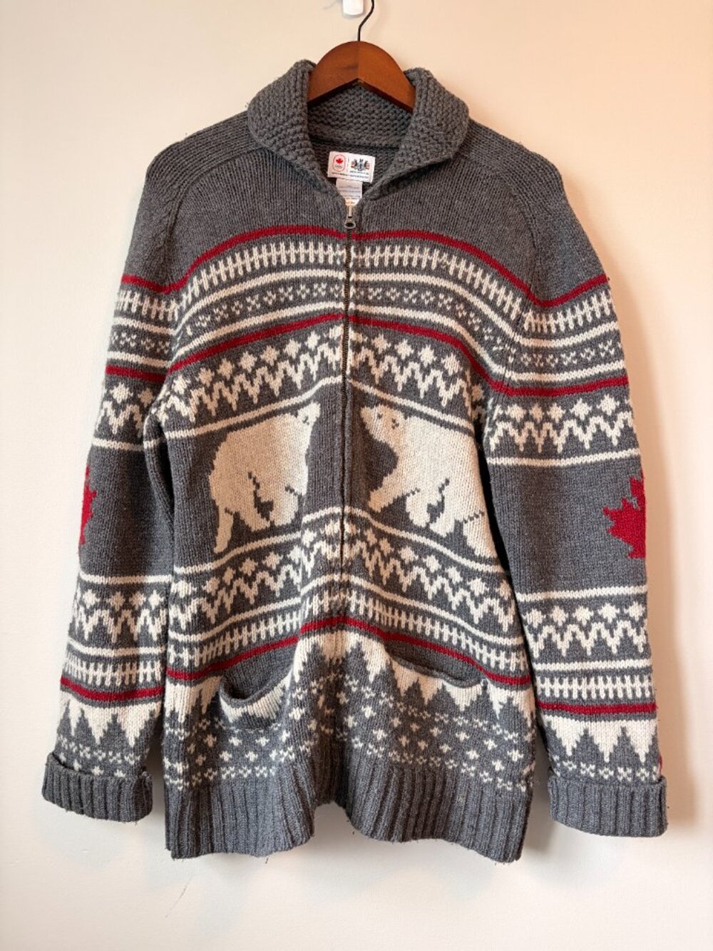 HBC Team Canada Olympic 100% Wool Full Zip Polar Bear Sweater Large L